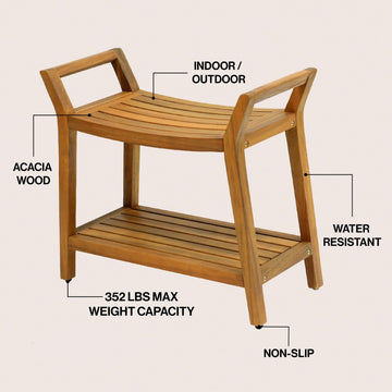 Orla 25.6" Modern Classic Slatted Solid Acacia Wood Indoor/Outdoor Shower Bench with Shelf and Handle